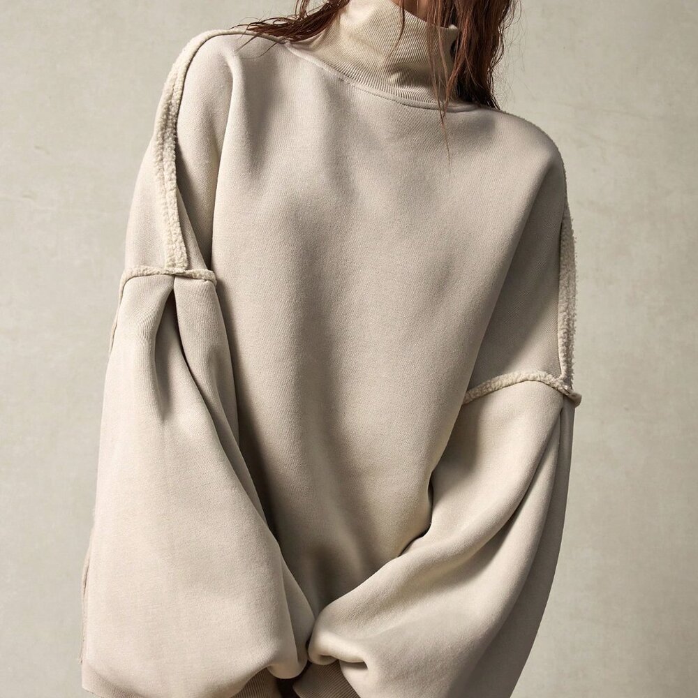 Grey Casual Women's Knitted Turtleneck Lantern Sleeve Loose Sweatshirt - Picture 4 of 7